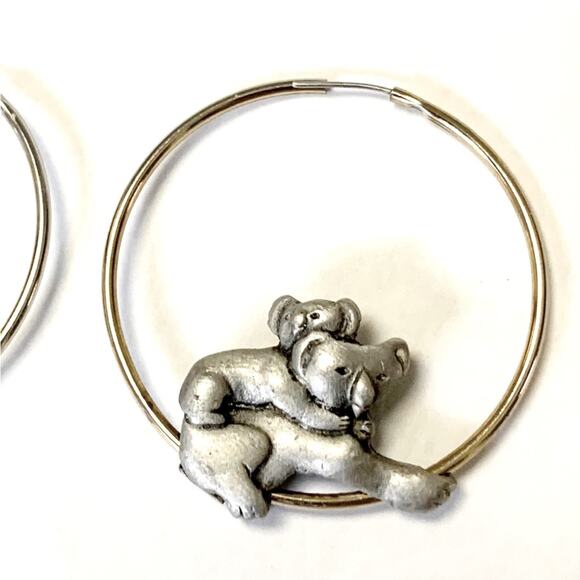 Koala Bears Hoop Earrings Gold Tone w/Pewter Colored Mamma & Baby Approx.1 1/2” - Picture 4 of 7
